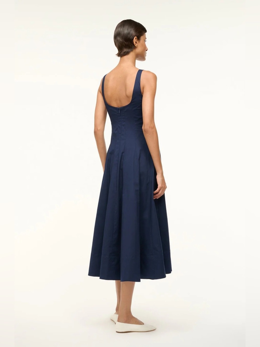 new Staud Wells paneled cotton poplin midi dress in navy blue - Picture 4 of 8